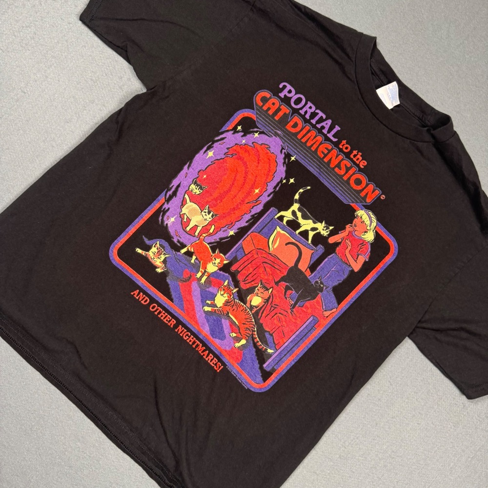 Port & Company Portal to the Cat Dimension T-Shirt Mens Large Black Graphic Tee - Picture 3 of 11